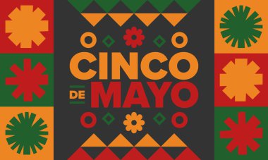 Meksika 'da Cinco de Mayo. Mayıs ayındaki geleneksel Meksika şenliği. Karnaval, festival ve geçit töreniyle ulusal mutlu bayramlar. Latin Amerika ve İspanyol tarzı. Sombrero ile illüstrasyon. Vektör posteri
