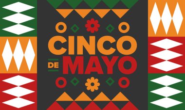 Meksika 'da Cinco de Mayo. Mayıs ayındaki geleneksel Meksika şenliği. Karnaval, festival ve geçit töreniyle ulusal mutlu bayramlar. Latin Amerika ve İspanyol tarzı. Sombrero ile illüstrasyon. Vektör posteri