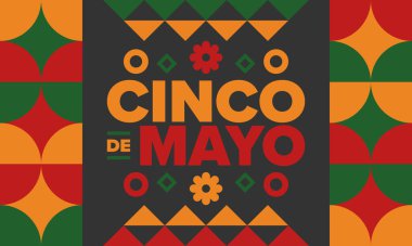 Meksika 'da Cinco de Mayo. Mayıs ayındaki geleneksel Meksika şenliği. Karnaval, festival ve geçit töreniyle ulusal mutlu bayramlar. Latin Amerika ve İspanyol tarzı. Sombrero ile illüstrasyon. Vektör posteri