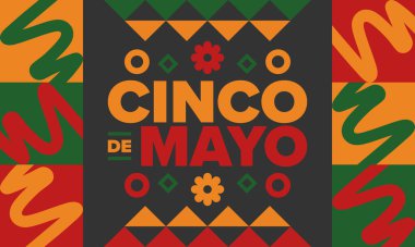 Meksika 'da Cinco de Mayo. Mayıs ayındaki geleneksel Meksika şenliği. Karnaval, festival ve geçit töreniyle ulusal mutlu bayramlar. Latin Amerika ve İspanyol tarzı. Sombrero ile illüstrasyon. Vektör posteri