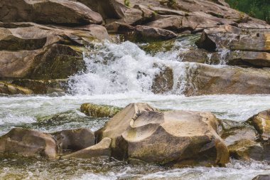 Su bir dağ nehrinin kayaları arasında akar.