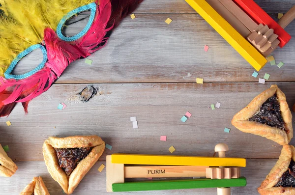 Plat leggen van Purim Joodse vakantie voedsel en objecten — Stockfoto