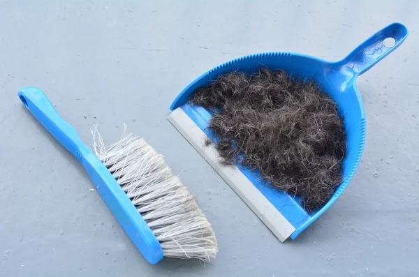 Brush broom with dustpan cleaning human hair — Stock Photo, Image