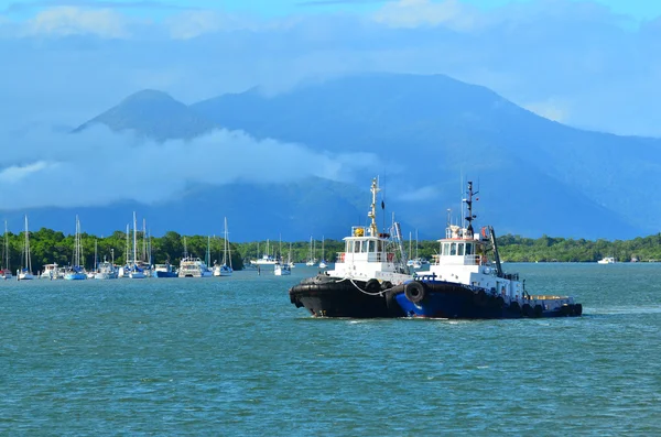 Deux remorqueurs naviguent à l'entrée de Trinity Inlet dans le Queenslan — Photo