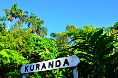 Wooden signpost Kuranda town in Queensland Australia  clipart