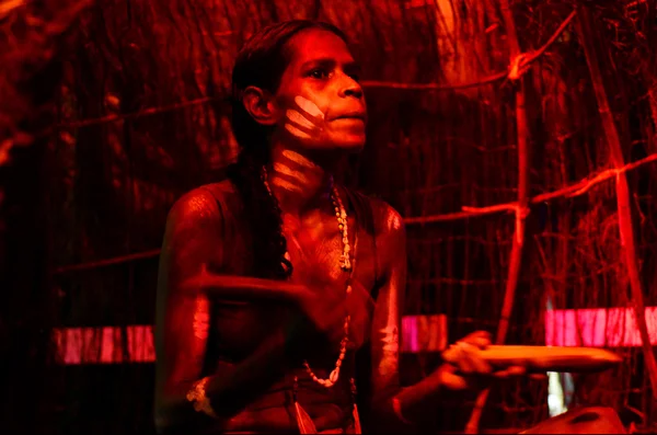 Yirrganydji Mujer aborigen toca música aborigen con Clapstic —  Fotos de Stock