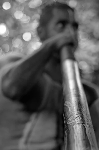 Yirrganydji Aboriginal man play Aboriginal music on didgeridoo — Stock Photo, Image