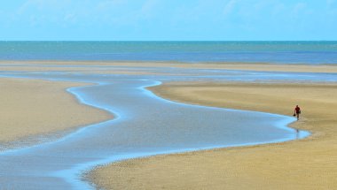 Bir kişi bir dere Queensland au vahşi bir plajda yürüyor