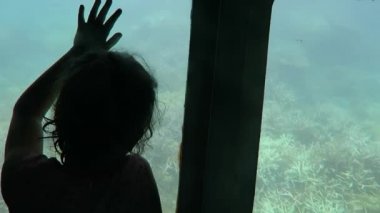 Çocuk seyahat Mercan Denizi büyük Set Resifi yarı denizaltı içinde