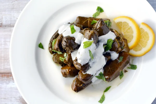 Nahaufnahme flache Lage einer Platte Yaprak Sarma aus dem türkischen Cu — Stockfoto