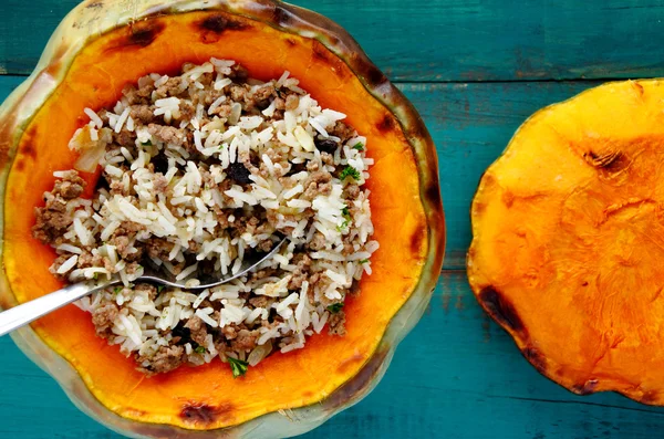 Flat lay view of Stuffed pumpkin — Stock Photo, Image