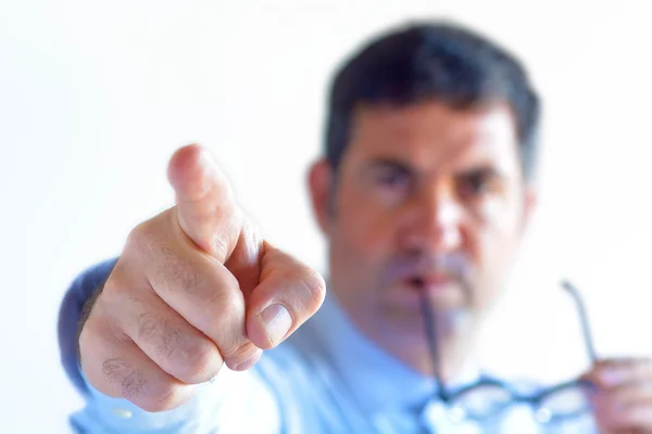 Angry Man Manager Shows Way Door Looks Camera Business Concept — Stock Photo, Image