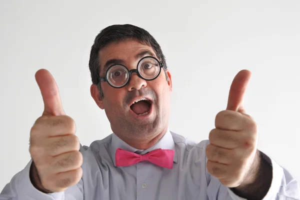 Face Happy Geeky Man Points Thumbs Looks Camera Men Happiness — Stock Photo, Image