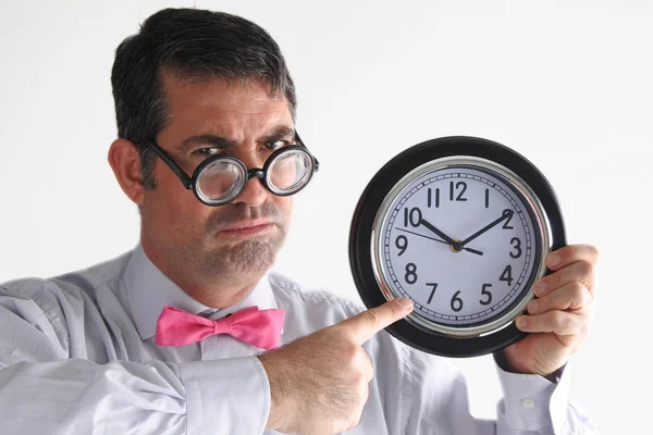 Frustrado Homem Gerente Aponta Para Tempo Relógio Conceito Negócio Pessoas — Fotografia de Stock