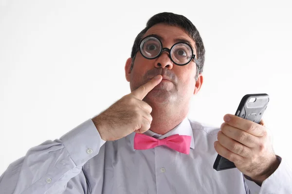 Geeky Adam Söylemek Taxt Mesaj Telefon Konuşma Hakkında Düşünüyor Letişim — Stok fotoğraf