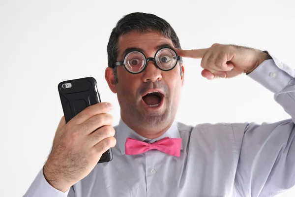 Geeky Man Holds Smartphone Has Idea Communication Concept Real People — Stock Photo, Image