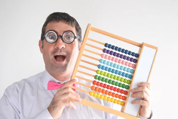 Happy Geeky Man Accountant Calculating Wooden Numerator Abacus Finance Banking — Stock Photo, Image