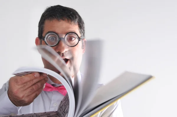 Happy Geeky Man Reads Book Fast Looks Camera Men Education — Stock Photo, Image