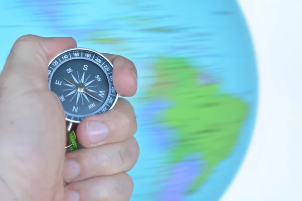 Hand Holding Compass Spinning Globe Background Travel Lifestyle Concept Copy — Stock Photo, Image
