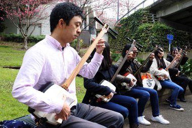 Japon halkı Shamisen üzerinde oynamak 