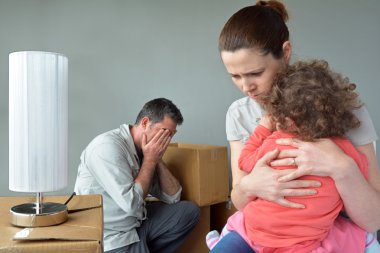 Sad evicted family worried relocating house. clipart