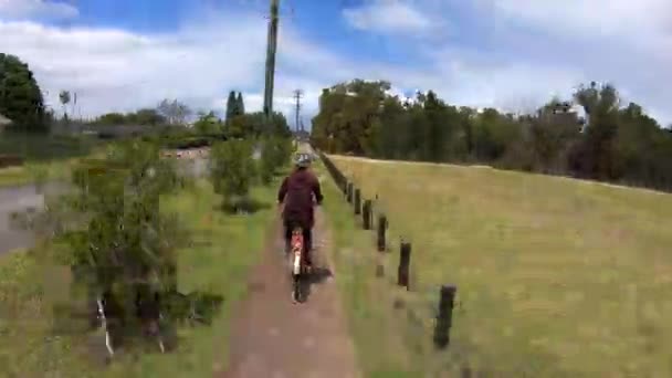 Hyperlapse Visão Traseira Uma Mulher Adulta Pedalando Caminho Bicicleta — Vídeo de Stock