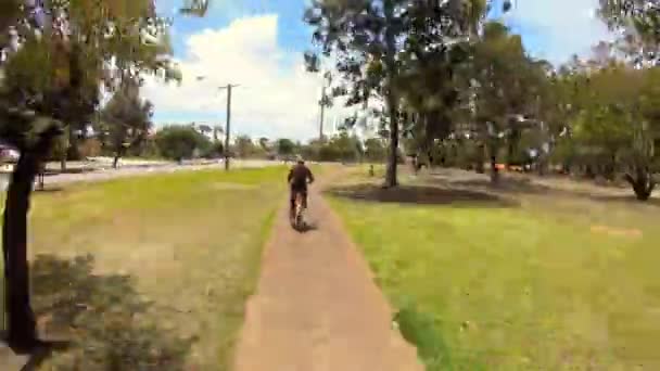 Hyperlapse Tylny Widok Dorosłej Kobiety Jeżdżącej Rowerze Parku — Wideo stockowe