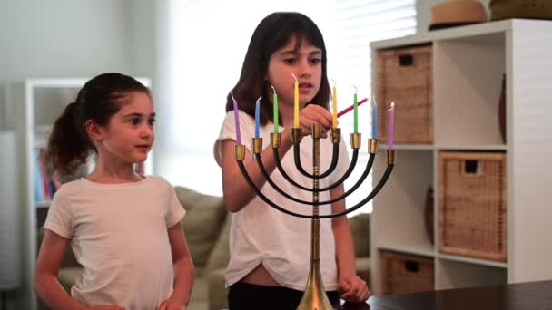 Two Happy Jewish Sisters Lit Menorah Candelabra Eight Day Hanukkah — Stock Video