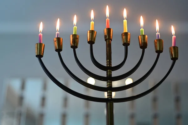 Menorah Candelabra Lit Eight Candles Last Day Hanukkah Jewish Holiday — Stock Photo, Image