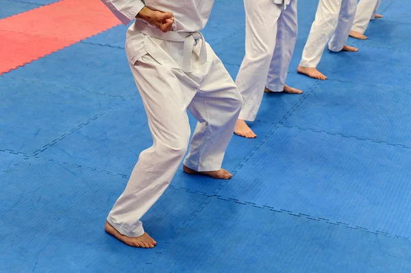Grupo Pessoas Irreconhecíveis Praticando Taekwondo Tapete Esportivo — Fotografia de Stock