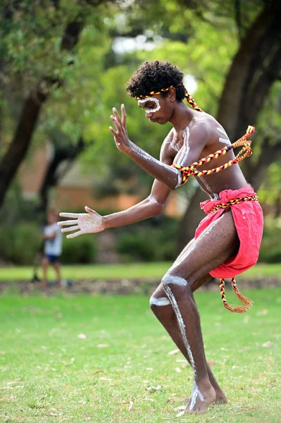 Perth Jan 2021 Aboriginska Australiensare Man Dansar Traditionell Dans Australien — Stockfoto