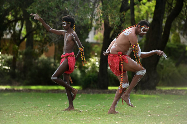 ПЕРТ - ЯН 24 2021: Австралийские аборигены танцуют традиционные танцы во время празднования Дня Австралии. По данным переписи 2016 года, коренные австралийцы составляли 3,3% населения Австралии