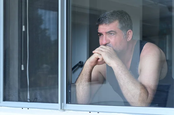 Sad Middle Aged Adult Man Age Looking Home Window Real — Stock Photo, Image