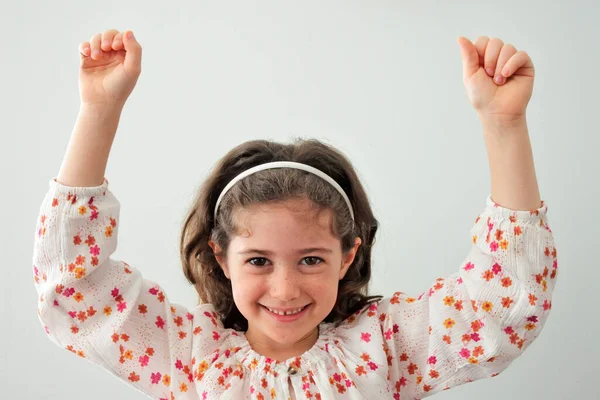 Happy Young Girl Age Holding Hands Looking Camera Real People — Stock Photo, Image