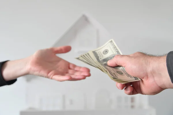 Two People Male Female Passing Money White House Mortgage Housing — Stock Photo, Image