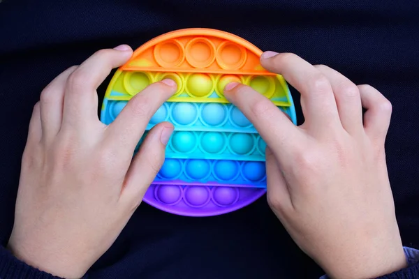 Pov Point View Young Child Playing Push Pop Bubble Fidget — Stock Photo, Image