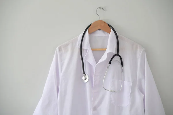Doctor Coat Coat Hanger Professional Modern Stethoscope Hanged Clinic Office — Stock Photo, Image
