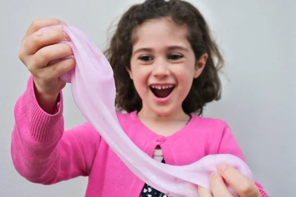 Happy Pretty Young Girl Female Age Laughing While Holding Stretching — Stock Photo, Image