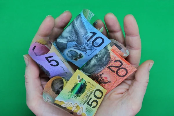 Pov Point View Adult Businessman Person Holding Australian Dollar Currency — Stock Photo, Image