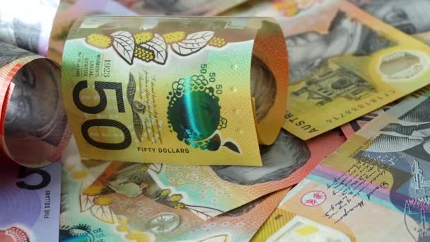 Schiebebewegung Über Gruppe Australischer Dollarnoten Hintergrund — Stockvideo