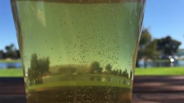 Rahatlatıcı bir açık hava manzarasına karşı ahşap bir masada taze soğuk bira şişesi köpüklerini kapatın..