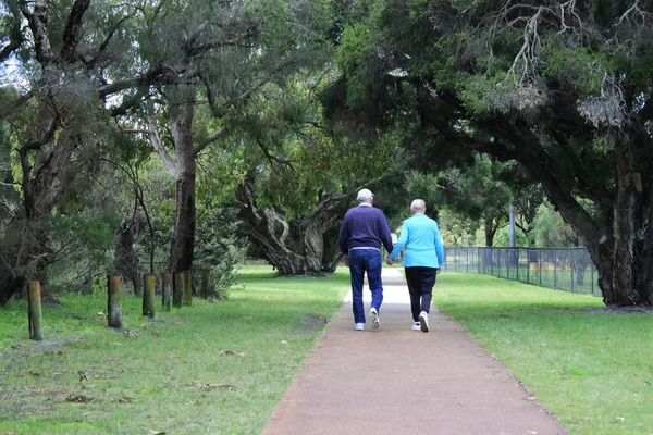 Pareja Ancianos Activos Tomados Mano Caminando Juntos Sendero Parque Público — Foto de Stock