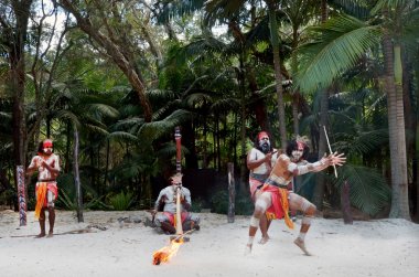 Group of Yugambeh Aboriginal warriors dance clipart