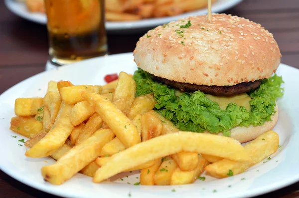 Gourmet hamburger and fries — Stock Photo, Image