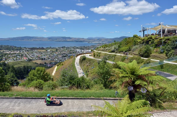 Ziyaret edenler rides manzarası Rotorua kızak Yeni Zelanda üzerinde — Stok fotoğraf