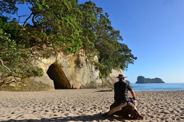 Érett férfi ül, Te Whanganui-A-Hei strand közelében — Stock Fotó