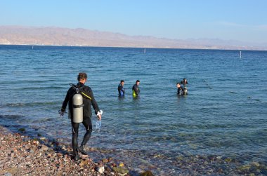 Coral Beach tabiatı Eilat, İsrail için dalış dalgıçlar