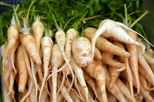 Root parsley on display in food market — Stock Photo, Image