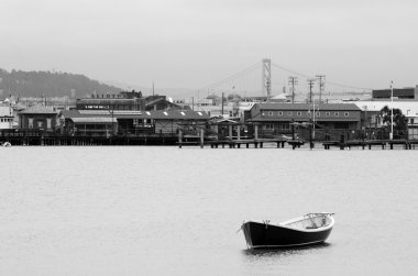 Urban landscape view of Fisherman Wharf and San Francisco Bay Br