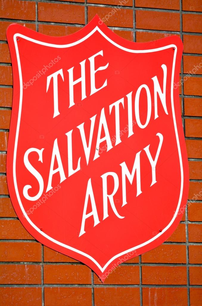 HAMILTON, NZL - MAY 28 2015:Salvation Army sign.Present in 126 countries with charity shops, operating homeless shelters and providing disaster relief and humanitarian aid to developing countries.